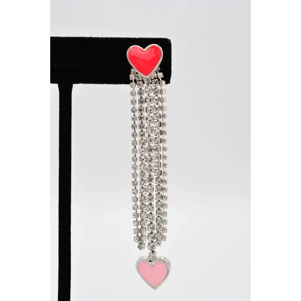 Guess Heart Earrings Rhinestone Crystal Fringe Red Pink Valentine Signed BinAA